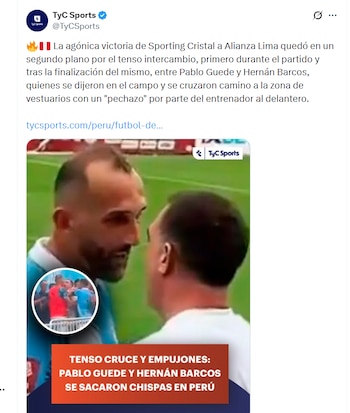 Así informó TyC Sports de Argentina sobre el enfrentamiento entre Pablo Guede y Hernán Barcos.
