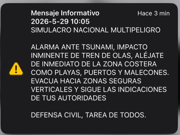 La alarma SISMATE se activó en celulares peruanos durante el Simulacro Nacional Multipeligro del 29 de mayo de 2026 para probar el sistema de alerta temprana. (Captura.)