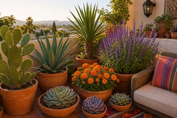 Macetas de barro con nopal, maguey, yuca, cempasúchil, salvia y echeveria sobre el suelo de azulejos de una terraza.
