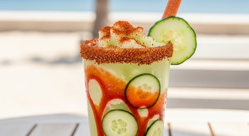 Un frappé verde de pepino con chamoy rojo y rodajas de pepino, servido en un vaso con borde de chile en polvo y una pajita en un entorno soleado.
