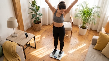 Mujer con sujetador deportivo gris, leggings negros y zapatillas sobre una balanza digital en casa, brazos en alto. La balanza muestra 52. Un móvil en una mesa.