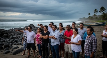 Grupo de personas en una playa de arena y rocas con palmeras y un bote. El mar muestra oleaje fuerte y el cielo está oscuro y nublado.