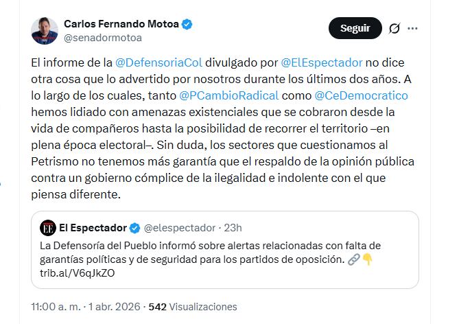 El congresista Carlos Fernando Motoa aseguró que el Centro Democrático y Cambio Radical han tenido que lidiar con amenazas - crédito @senadormotoa/X