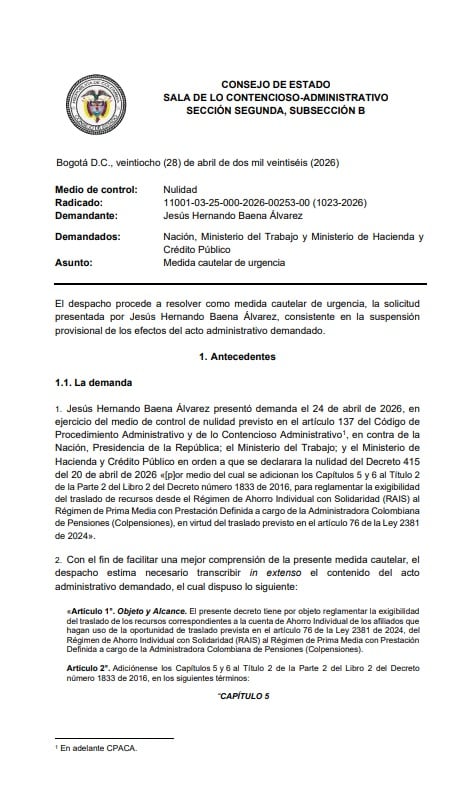 La medida del Gobierno podría ir en contra de lo que ya había establecido la Ley 2381 de 2024 - crédito Consejo de Estado