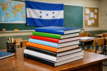 Pila de libros de colores sobre un escritorio de madera en un salón de clases. Al fondo, una bandera de Honduras, un mapa mundial y un pizarrón.