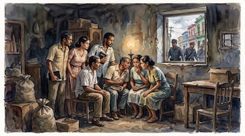 Pintura de siete personas con biblias en una habitación junto a una vela, con tres policías uniformados visibles a través de una ventana.