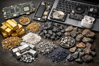 Vista aérea de componentes electrónicos desarmados, como una placa base y un portátil, rodeados de pilas de oro, plata, litio, cobalto y diversas rocas minerales.