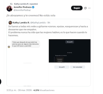 La congresista Jennifer Pedraza se solidarizó con la periodista Kathy Lambis - crédito @JenniferPedraz/X