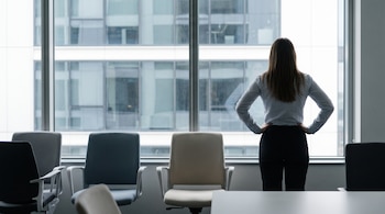 Mujer de espaldas con blusa clara y pantalón oscuro mira por una ventana grande a edificios urbanos. Varias sillas vacías de oficina se sitúan en primer plano.
