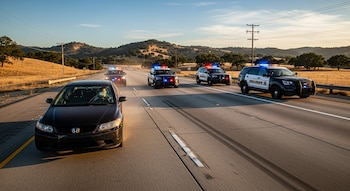 Un coche negro con parabrisas roto y un conductor visible es perseguido por cuatro vehículos policiales con luces en una carretera rural bajo el atardecer.