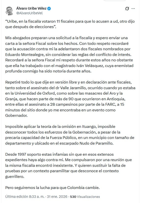 Uribe respondió la mañana del sábado 31 de enero de 2025 - crédito @AlvaroUribeVel/X