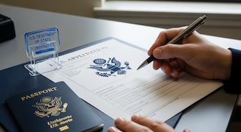Vista cenital de una mano llenando un formulario de pasaporte de EE.UU. con el escudo del Departamento de Estado, junto a un pasaporte azul oscuro y un sello transparente.