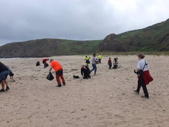 Voluntarios recogen pellets en las