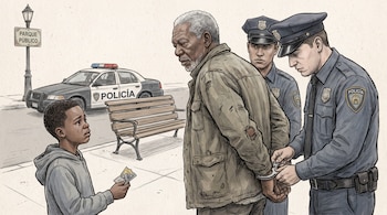 Ilustración de un hombre mayor esposado por dos policías frente a un niño que llora con una carta en la mano y una patrulla de fondo.