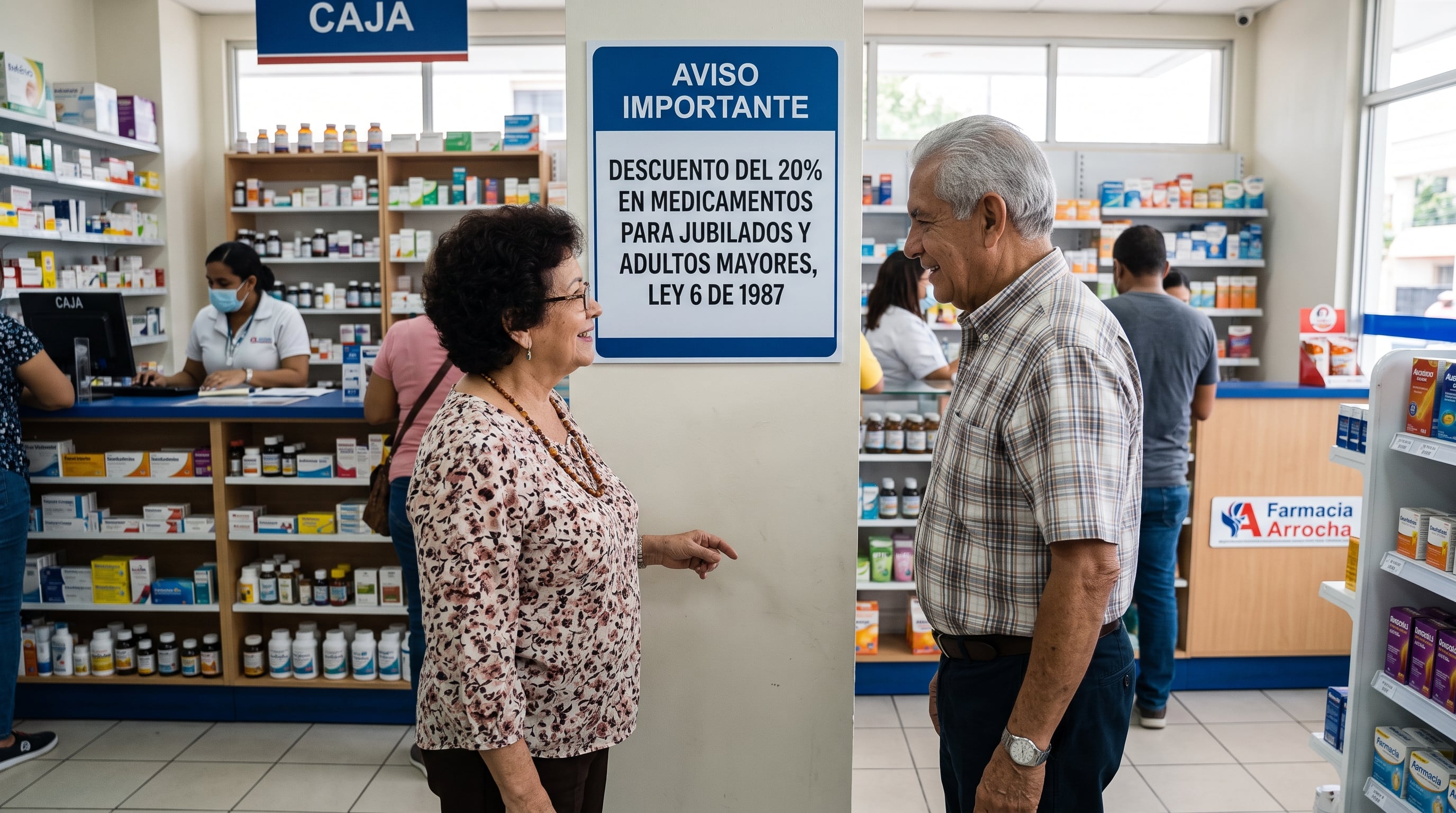 Una pareja de adultos mayores lee un letrero sobre el descuento del 20% en medicamentos para jubilados según la Ley 6 de 1987 en una farmacia de Panamá. (Imagen Ilustrativa Infobae)
