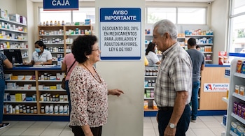 Un hombre y una mujer de edad avanzada frente a un cartel azul de descuento en una farmacia con estantes llenos de medicamentos.