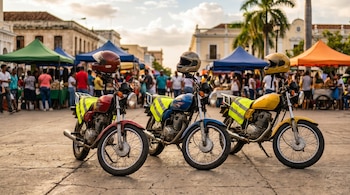 Tres motocicletas con cascos y chalecos reflectantes estacionadas en una plaza. Al fondo se observa un mercado con carpas de colores y personas.