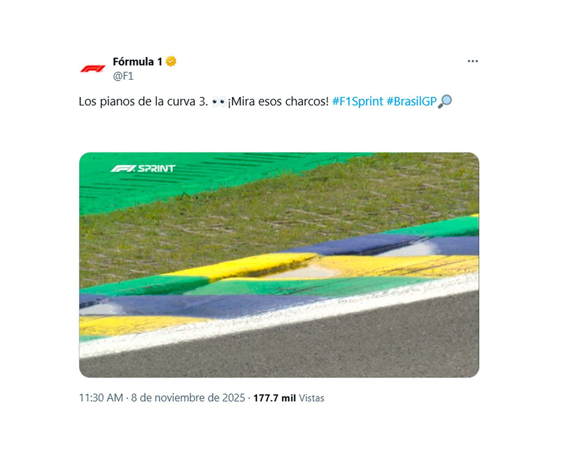 El posteo de la F1 mostrando los charcos que había en la curva 3 tras el accidente