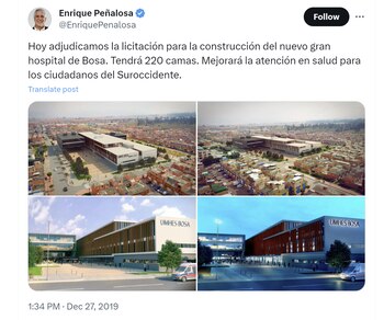 Enrique Peñalosa anunció en 2021 la adjudicación de la licitación para la construcción del hospital de Bosa - crédito @EnriquePenalosa/X