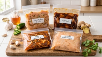 Cuatro bolsas transparentes con pollo preparado junto a ingredientes como ajo, jalapeño y jengibre sobre una tabla.