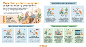 Infografía ilustra los beneficios de las mascotas para adultos mayores. Muestra personas interactuando con perros, gatos, pájaros en jaula y peces en acuario.