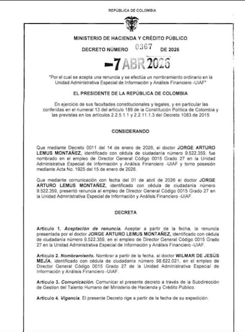 El documento, fechado el 7 de abril de 2026, establece que Mejía asumirá el cargo de Director General Código 0015 Grado 27 - crédito Ministerio de Hacienda