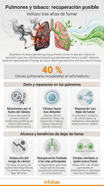 Ilustración de dos pulmones: uno oscuro con cigarrillo y humo, otro rosado con hojas verdes y aire fresco. Infografía sobre reparación pulmonar.