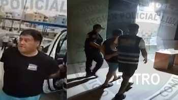 Un hombre de mediana edad con camisa negra y esposas es detenido por un policía uniformado, tanto en una toma exterior junto a un vehículo como en un pasillo oscuro