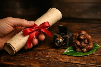 Una mano sujeta una proclama enrollada con cinta roja, una cámara daguerrotipo miniatura y una figura de orangután de madera sobre una hoja verde en una mesa.