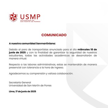 Comunicado oficial de la USMP.