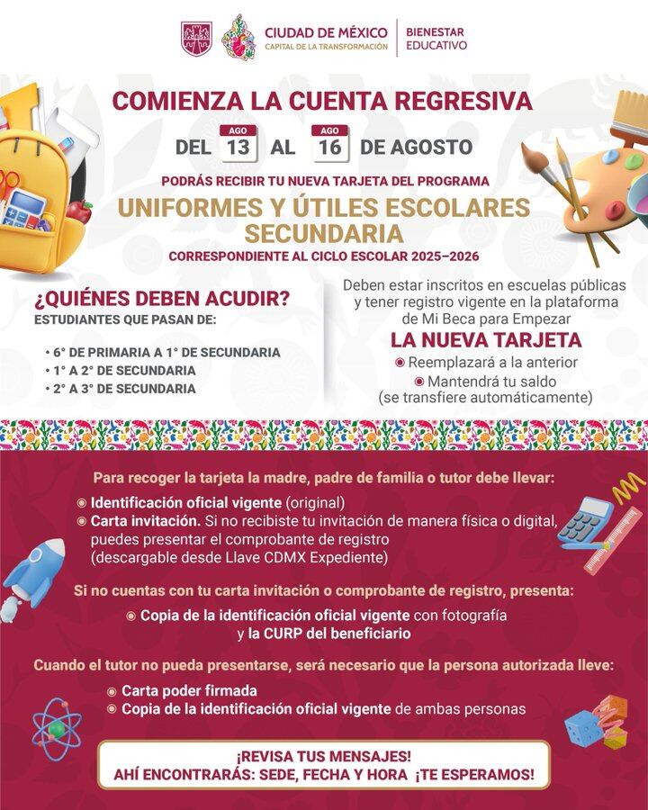 Estudiantes de secundaria y sus tutores acuden a las sedes designadas en CDMX para recoger la tarjeta del programa Uniformes y Útiles Escolares 2025, que garantiza el acceso seguro a materiales y uniformes para el ciclo escolar 2025–2026