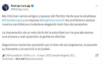 Rodrigo Lara acusó a Claudia López de vetar su candidatura a la alcaldía en la Alianza Verde: “La orden es clarísima: cero apoyo”-Colombia