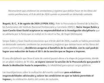 Funcionarios del Inpec investigados por fiesta en cárcel de Itagüí se acogen a beneficio de confesión - crédito Procuraduría General de la Nación