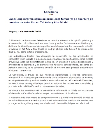 La Cancillería colombiana informa que