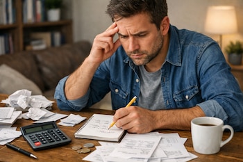 Hombre de mediana edad con camisa vaquera, concentrado, escribiendo en un cuaderno con lápiz. Recibos, calculadora y taza de café en mesa de madera.