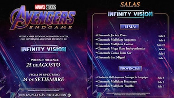 Cartel publicitario con el logotipo de Avengers Endgame, fechas de preventa y reestreno, y una lista de cines de Cinemark en Lima y provincias