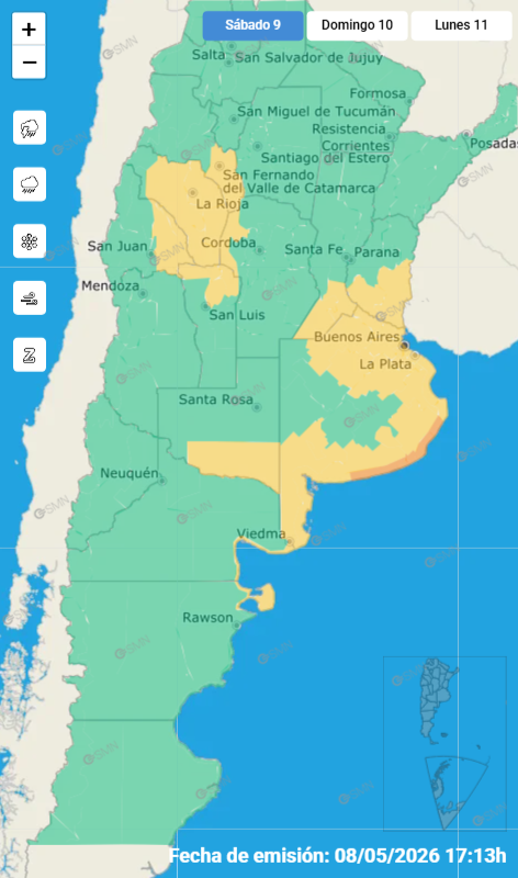 Las alertas por fuertes vientos del Servicio Meteorológico Nacional para el sábado 9 de mayo