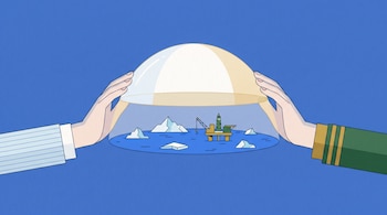 Dos manos sostienen una cúpula transparente que cubre un mar con bloques de hielo y una plataforma petrolera sobre un fondo azul.