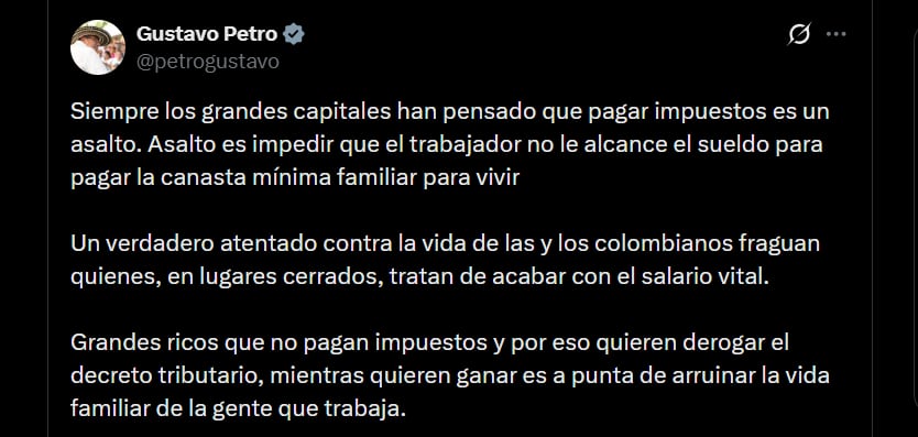 Gustavo Petro acusó a Mario de Hernández de “ganar” a costa de “arruinar la vida familiar” de los trabajadores - crédito @petrogustavo/X