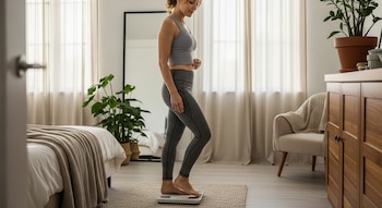 Una mujer de mediana edad descalza sobre una balanza digital blanca en una habitación luminosa. Viste top deportivo gris y leggings, con una cama y plantas al fondo.
