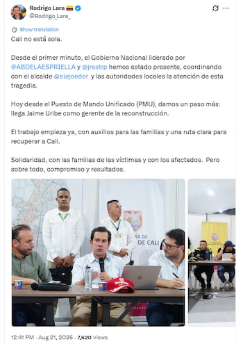Rodrigo Lara anunció desde el Puesto de Mando Unificado la llegada de Jaime Andrés Uribe como gerente del Fondo Milagro - crédito @Rodrigo_Lara_/X