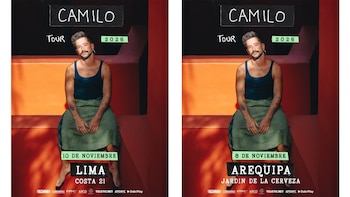 Dos pósteres idénticos muestran a Camilo sentado, con camiseta de tirantes azul y pantalón verde, sobre un fondo naranja. Anuncian su 'Tour 2026' en Lima y Arequipa