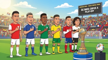 Seis futbolistas animados en un campo de fútbol con un estadio lleno. Un marcador muestra 'ÚLTIMOS CUPOS A PLAY-OFF'. Hay un trofeo y un balón.