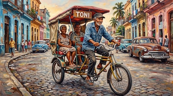 Pintura al óleo de un hombre en un bicitaxi con la palabra TONI, dos pasajeros a bordo, automóviles antiguos y casas de colores.