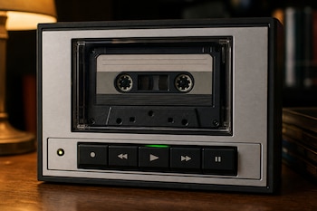 Un reproductor de casete gris y negro con una cinta en su interior y botones de reproducción sobre una mesa de madera.