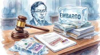 Ilustración con un mazo de juez, billetes congelados, documentos con el sello de embargo y un retrato de Gustavo Petro al fondo.