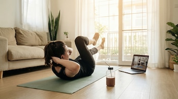 Mulher fazendo abdominais no tapete verde, assistindo vídeo de exercícios no laptop. Smoothies à parte. Sofá e janela nos fundos. Muito claro.