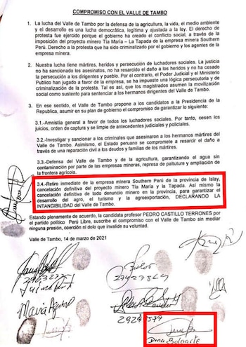 Documento firmado por la entonces