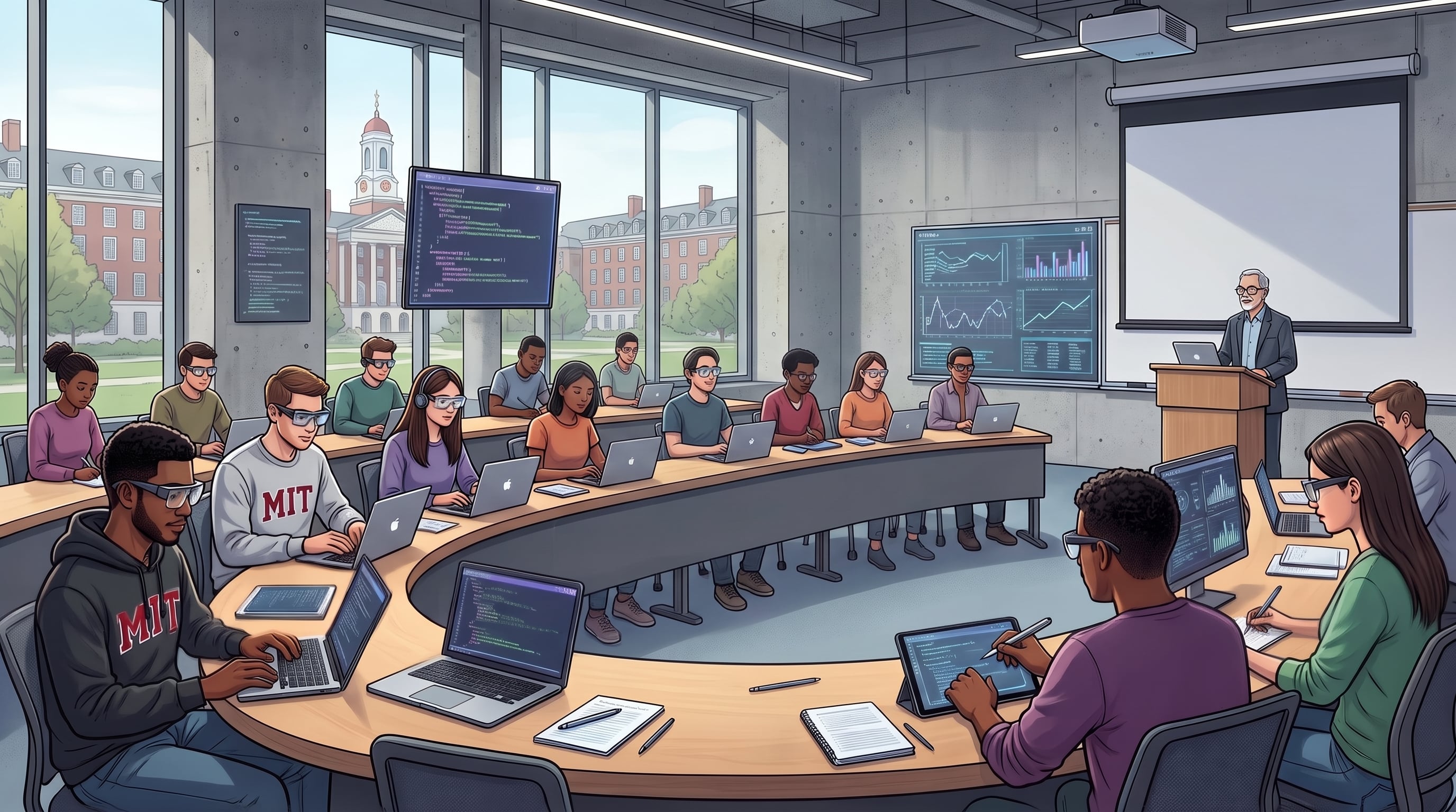 Un grupo de estudiantes universitarios utiliza computadoras portátiles y visores digitales durante una clase en un aula. (Imagen Ilustrativa Infobae)