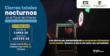 La Concesión Túnel Aburrá Oriente suspenderá la circulación vehicular durante seis horas por jornada, entre las 10:00 p.m. y las 4:00 a.m - crédito @ConcesionTAO/X